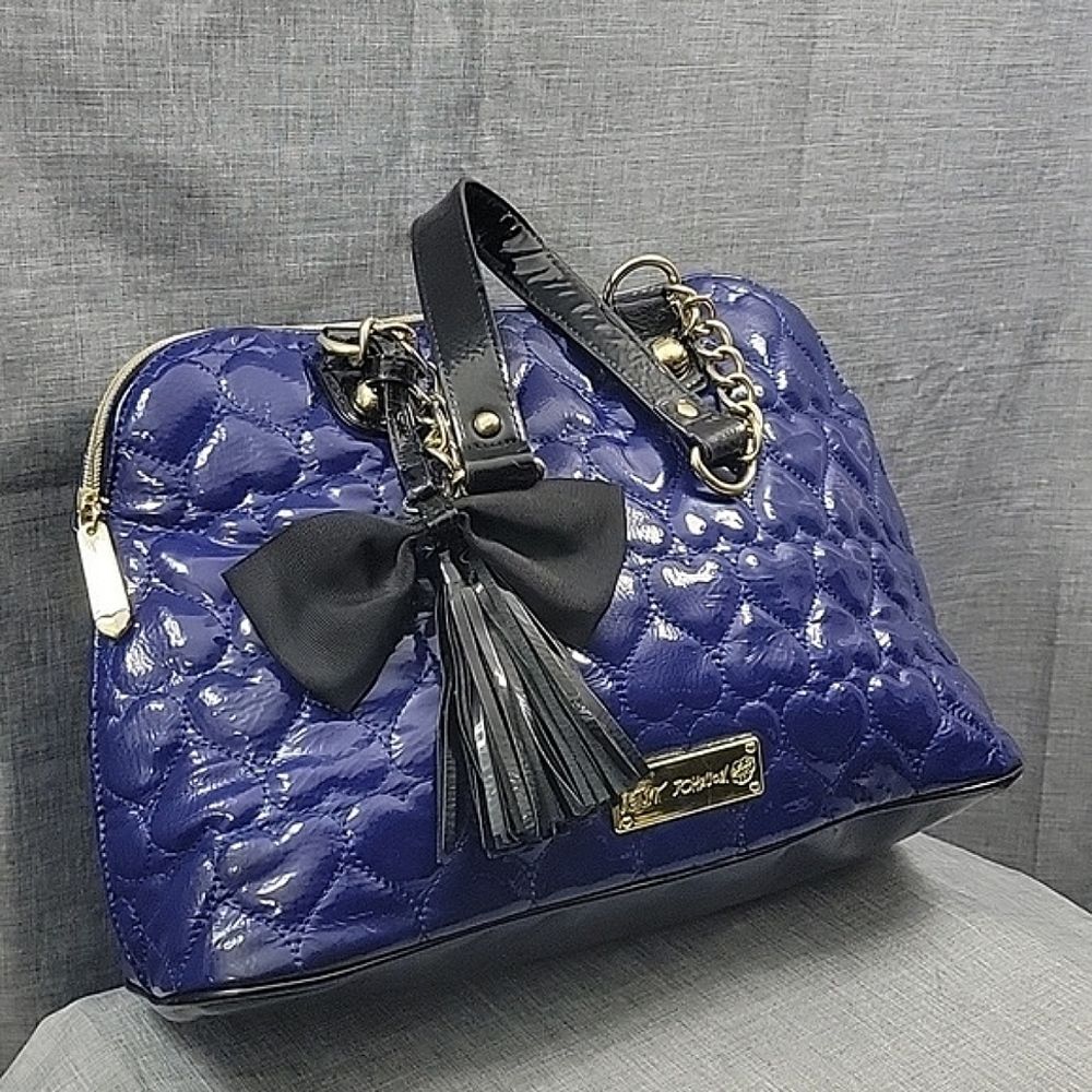 Betsey Johnson Y2K Coquette Blue Quilted Heart Patent Leather Dome Shoulder Bag